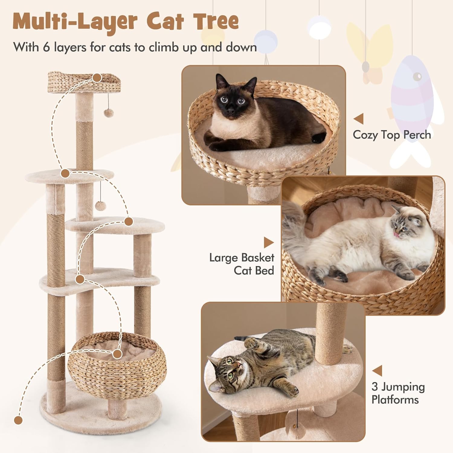 WSWJY Modern Cat Tree, 65 Inch Tall Cat Tower with Jute Scratching Posts, Dangling Balls, Cattail Basket Bed & Top Perch, Removable & Washable Cushions, Aesthetic Cat Tree for Indoor Cats