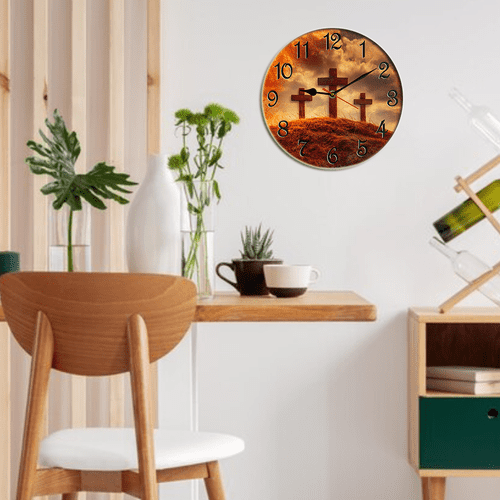 Kurmntregon Jesus God Cross Wall Clock Bible Holy Religious Mountain Wooden For Bathroom Silent Non Ticking Decorative Clock Battery Operated Home Office Living Room Decor Round 10"