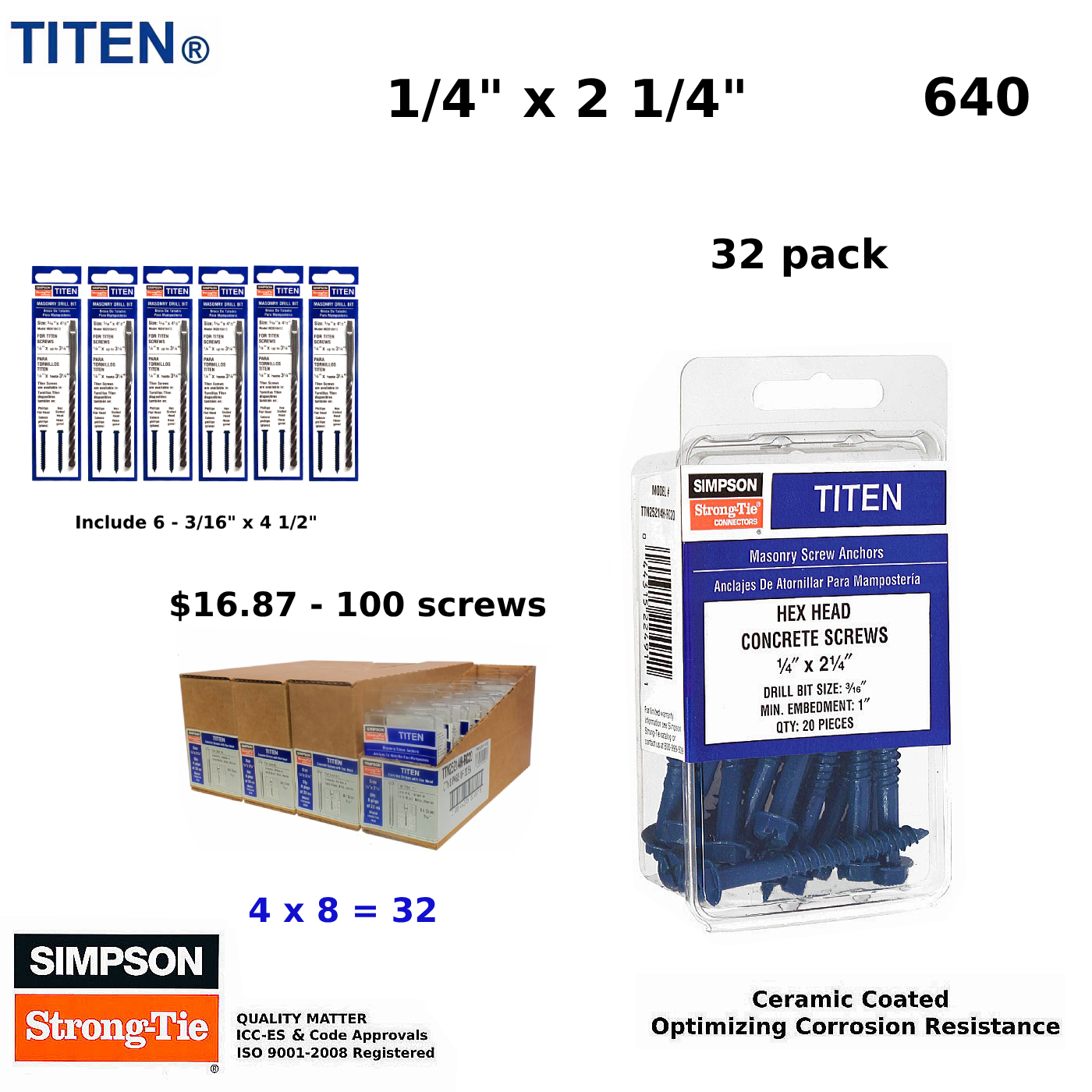 (Qty 640) Concrete Screws 1/4” x 2 1/4” Hex Washer Head for Anchoring to Masonry, Block or Brick Stucco Simpson Strong Tie 32 Pack 6 Drill Bits