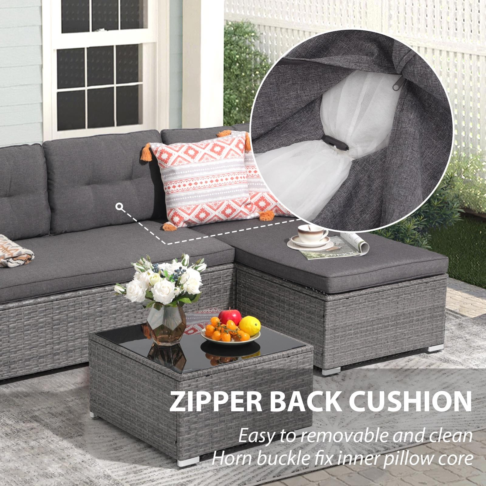 JOIVI 3 Pieces Patio Conversation Set, PE Wicker Rattan Outdoor Furniture Set, 2 Ways Small Sectional Sofa with Cushions, Tempered Glass Coffee Table, Dark Gray