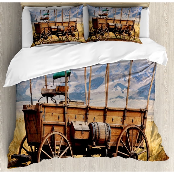 Western Duvet Cover Set, Photo of Old Nostalgic Wild West American Cart Carriage in the Farm Texas Style, Decorative 3 Piece Bedding Set with 2 Pillow Shams, Calking Size, Brown Yellow, by Ambesonne