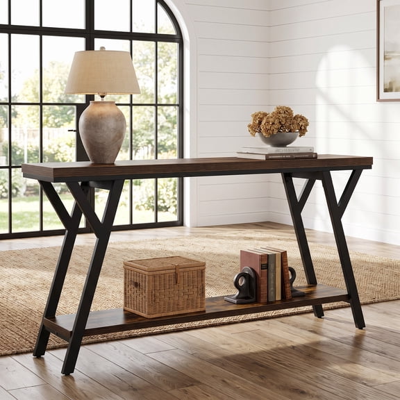 Fnova 70.9" Industrial Console Table, 2-Tier Rustic Entryway Table with X-Shaped Frame, Narrow Long Sofa Table for Living Room, Hallway