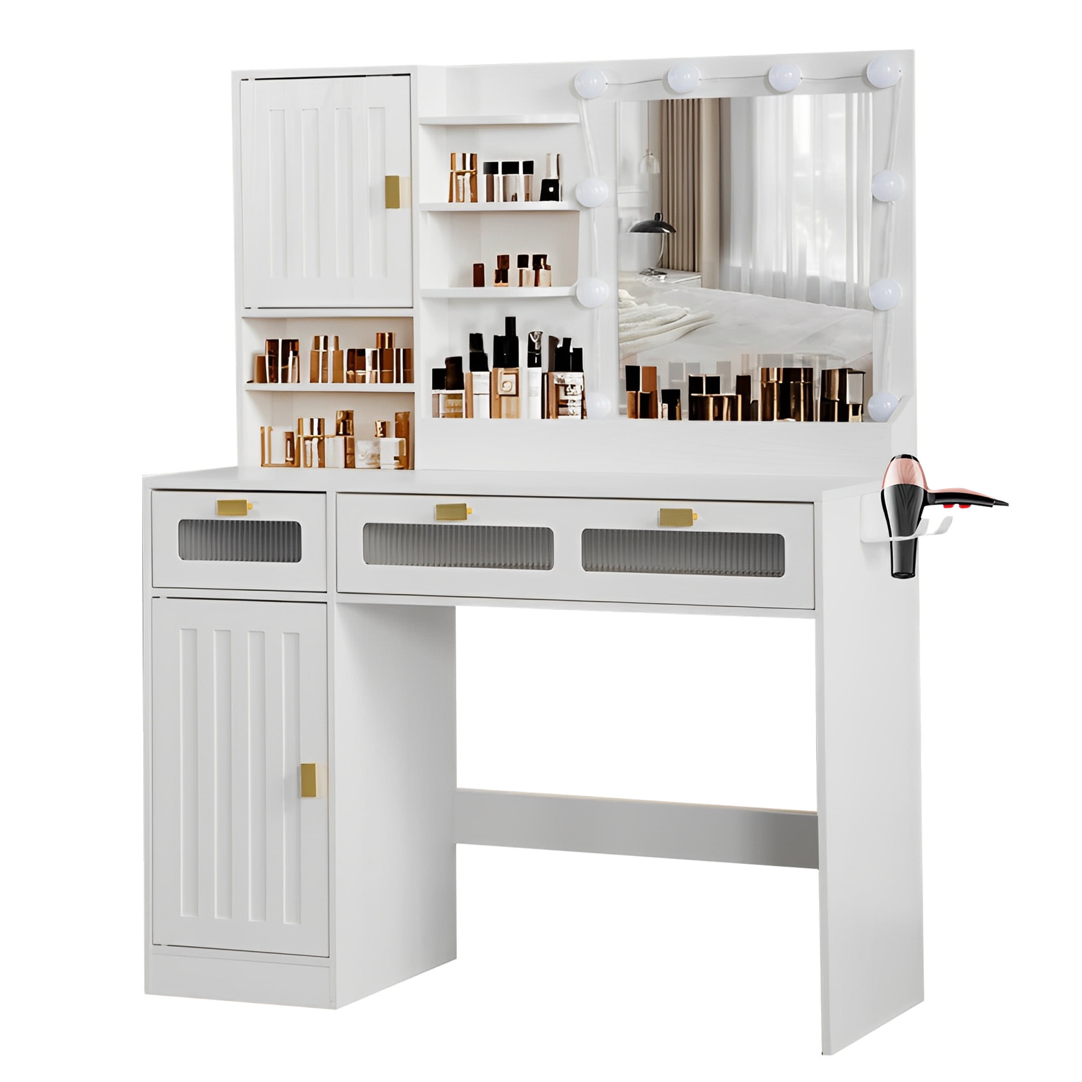 Aukfa Vanity Desk with Mirror & Hair Dryer Rack,Makeup Vanity Table for Bedroom,White
