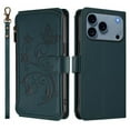 thumbnail image 2 of Magnetic Clasp Flip Stand Case for iPhone 17 Pro with Lanyard 5-Card Holder  Butterfly Flower Multi-card Zipper Wallet Leather Phone Case,Dark Green,For iPhone 17 Pro, 2 of 8