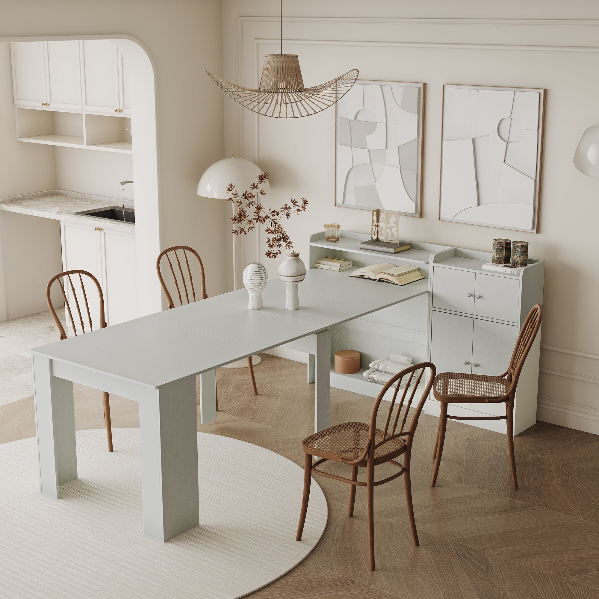 PORKISS Extendable Dining Table, Wooden Kitchen Table with Storage, Classical Dinner table, Modern Rectangle Dining Table for Kitchen, Dining Room, and Living Room, White Color