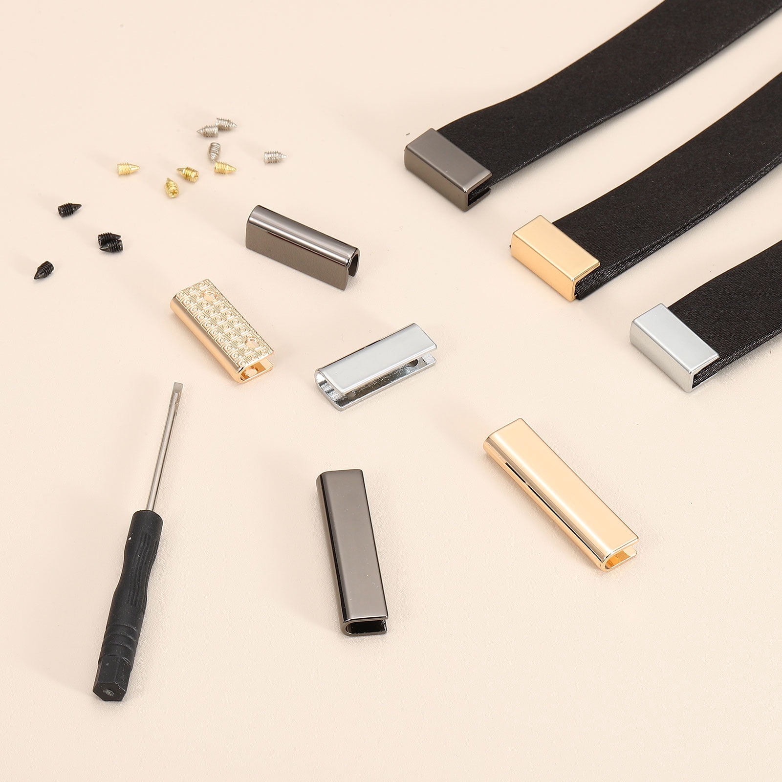 24Pcs Metal Belt Buckle End Tips with Screws, Light Gold Zinc Alloy Purse Hardware Belt Tip 0.22 Inch Wide Rectangle Zipper End Cap for DIY Crafts Bag Making Belt Clip Clasps