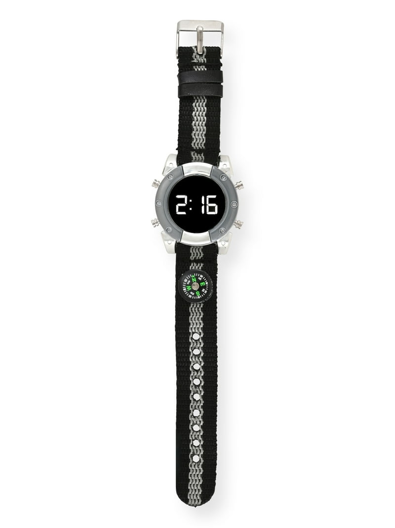 Wonder Nation Kids LED Watch with Nylon Strap and Compass, Silver