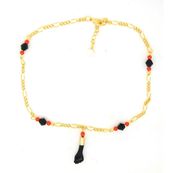 14kt GP Black Hand Evil Eye Lucky Charm Anklet 10 inches - Azabache Mal De Ojo Buena Suerte Tobillera Pulsera Para El Pie 10 pulgadas