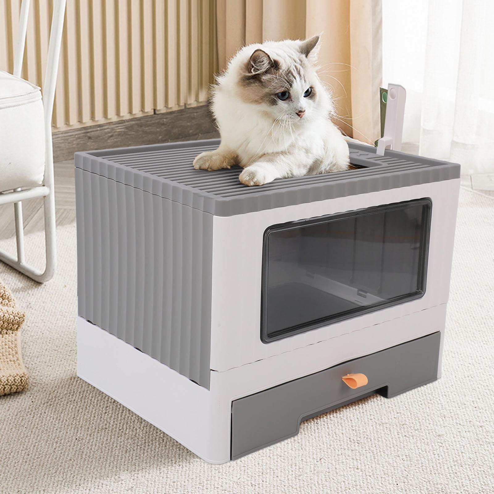 Mgaxyff Enclosed Cat Litter Box Large with Lid Cover&Litter Scoop Foldable Cat Toilet Cat Self-Grooming Side Panel w/ Easy Cleaning Tray
