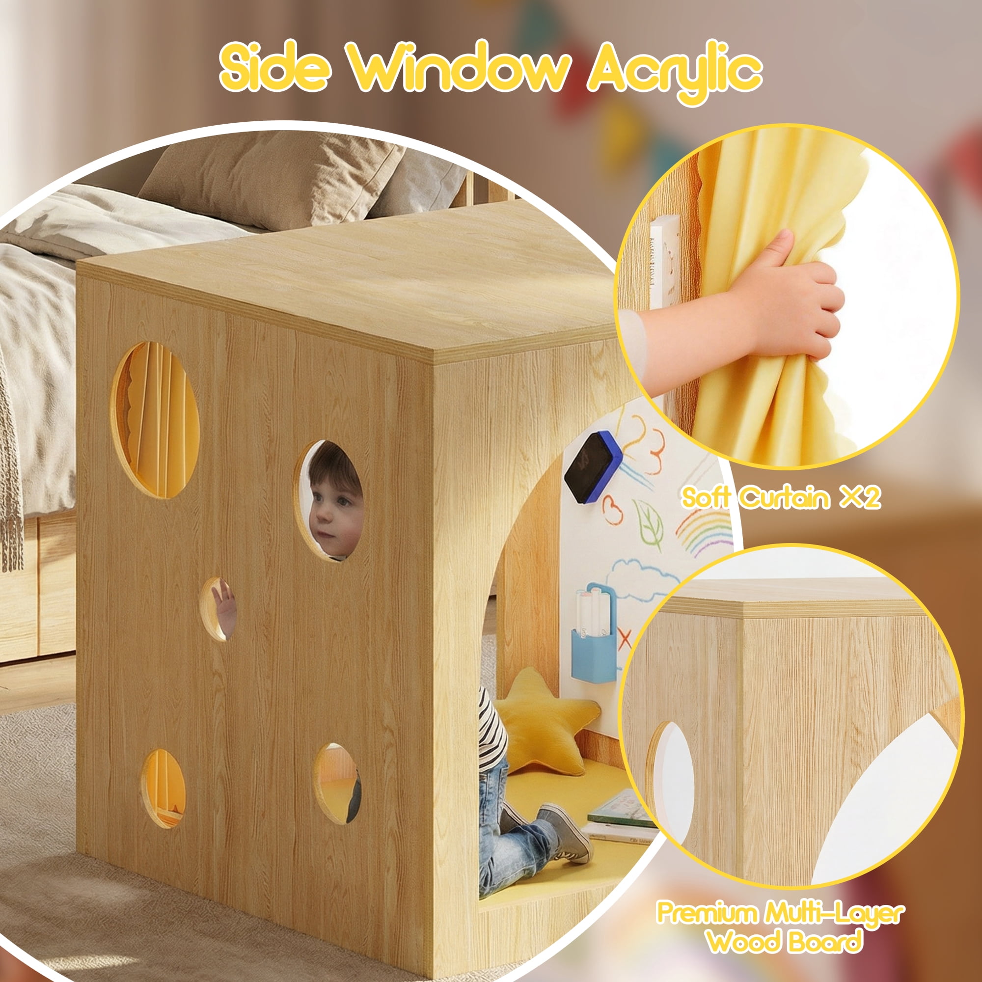 Advwin 30" Cozy Reading Cube with Curtains, Cushion Mat & Light, Wood Reading Nook Quiet Corner Playhouse with Whiteboard, Bookshelf & Acrylic Window Panel for Home School Classroom Daycare, Yellow