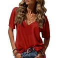 thumbnail image 2 of Hogleaql Short Sleeve Blouses for Women Comfortable Neck Blouses Dressy Solid Color Casual Loose Fit Outfits Red M, 2 of 3