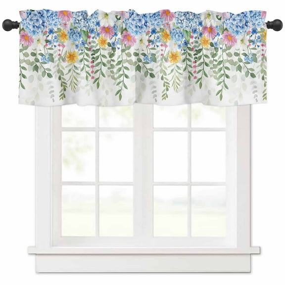 nqOlkjepod Blue Spring Floral Farmhouse Short Window Curtain Valances, Green Summer Botanical Watercolor Flower Rod Pocket Kitchen Valances for Living Room Bedroom Bathroom Cafe, 1 Panel - 60" x 18"