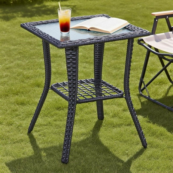 ATR ART to REAL Indoor Outdoor Wicker End Table, Square Rattan Glass Top Side Table for Patio Garden,Black