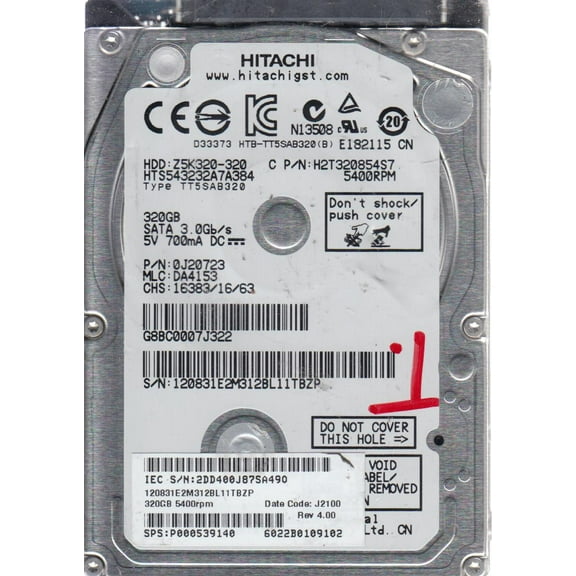 HTS543232A7A384, PN 0J20723, MLC DA4153, Hitachi 320GB SATA 2.5 Hard Drive