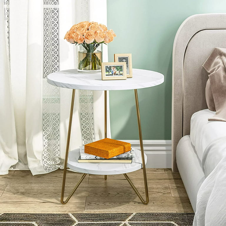 Marble End Table, 2 Tier Round Side Table with Shelves, Modern Gold Nightstand Bedside Table Small Coffee Accent Table for Living Room Bedroom, White
