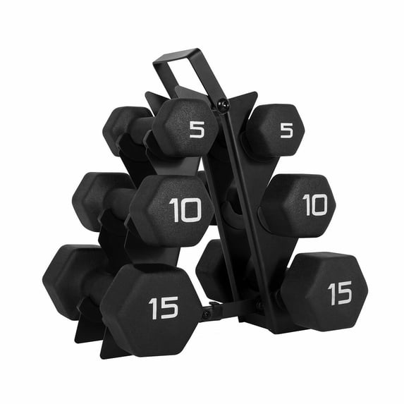 WF Athletic Supply Black Neoprene Dumbbell Set, Non-Slip & Hex Shape, Great for Muscle Toning, Strength Building & Weight Loss; Sizes, Dumbbells Only & w / Rack Options Available