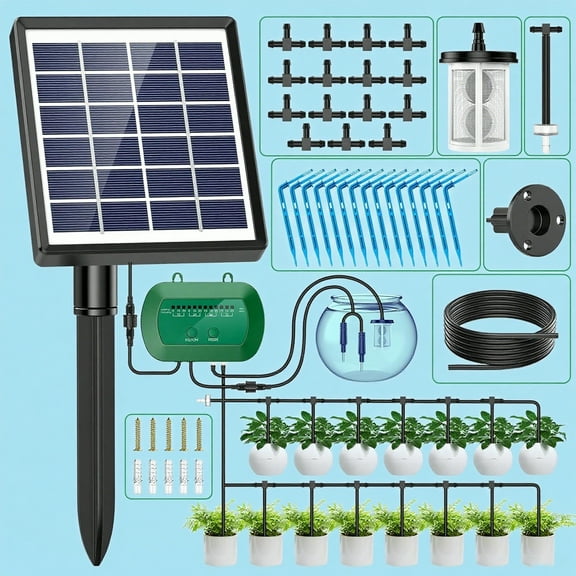 Solar Automatic Watering Kit for Garden, Automatic Drip Watering System with 15 m Watering Hose, Automatic Watering Timer for Holidays, Balconies, Flower Pots, Plants