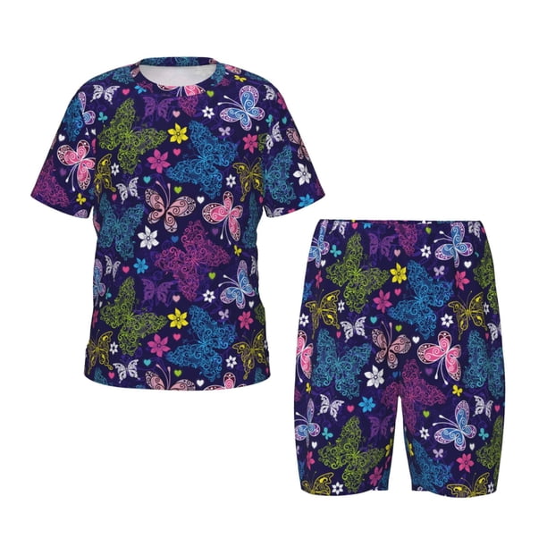 Balery Colorful Butterflies Conjunto de Pijama Infantil de Manga Corta con Estampado – Ropa de Dormir de Algodón Suave-3X-Large