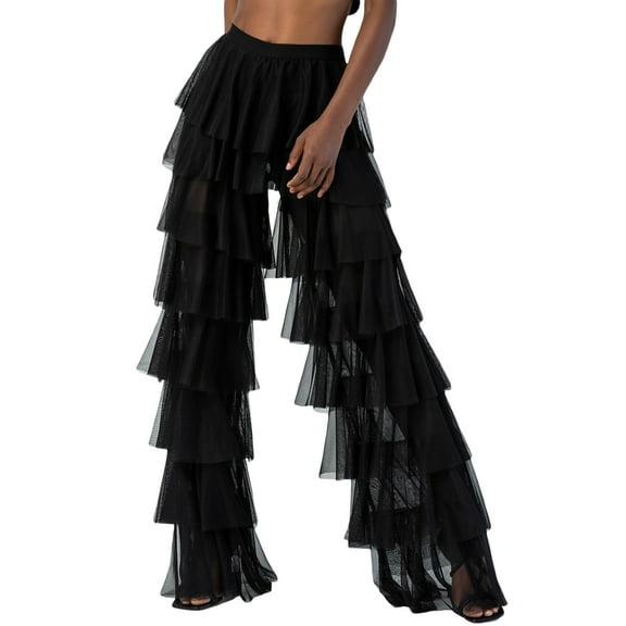 Womens Summer Boho Wide Leg Pants Causal High Waist Layered Tulle Pants Loose Long Trousers Streetwear