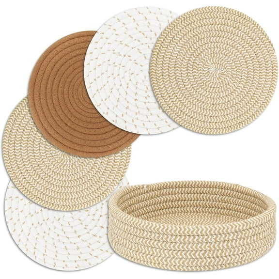 INCTUO Trivets for Hot Dishes, Pots and Pans, Hot Pads with Storage Basket, Pot Holders for Kitchen, Heat Resistant Mat Protect Counter Home Essentials, Farmhouse Decor (Mix Brown 5 PCS)