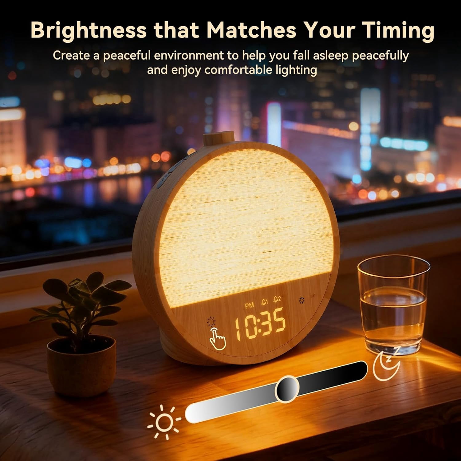 Wood Grain Sunrise Alarm Clock with Wake Up Light, White Noise Sound Machine, Dual Alarms for Heavy Sleepers, 10 Natural Sounds, RGB Mood Light, Dimmable Bedside Night Lamp for Bedroom