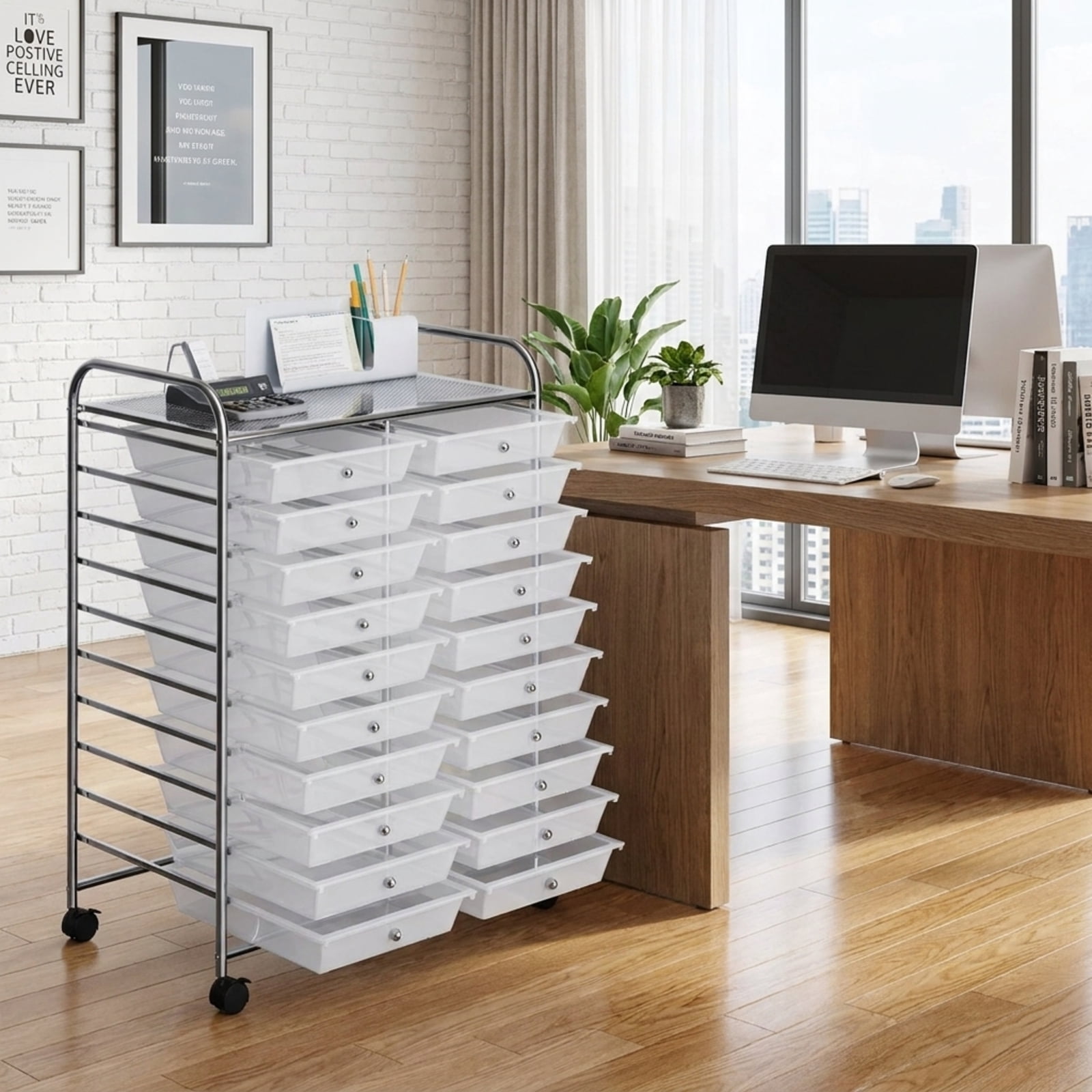 Furnibear Rolling Storage Cart with 20 Removable Drawers and Locking Wheels Metal Utility Cart Studio Organizer for Home Office Craft Room and Classroom, Transparent