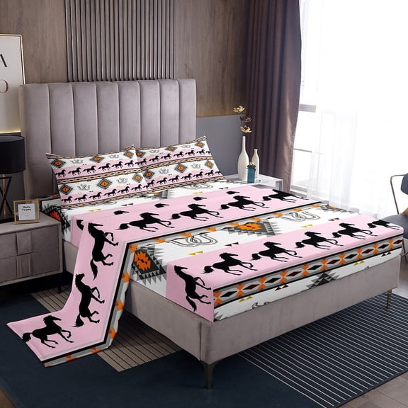 Erosebridal Pink Western Cowgirls Twin Sheet Sets, Rustic Farmhouse Aztec Bedding Twin Size, Horse Horseshoes Bedroom Decor 3 Pieces