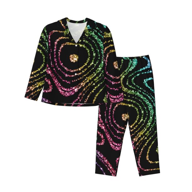 Balery Rainbow Glitter Conjunto de Pijama con Estampado para Mujer, Conjunto de Dos Piezas con Manga Larga, Ropa de Dormir Suave con Bolsillos, Pijamas Cómodos-Small