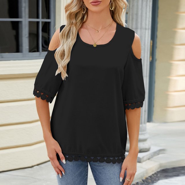LSLJS Women Spring and Summer Off The Shoulder Round Neck Lace Patchwork 3/4 Sleeve Loose Tops