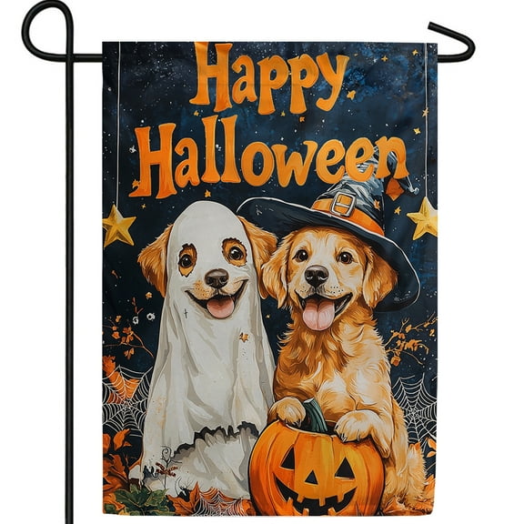 America Forever Happy Halloween Dog Garden Flag, 12.5 x 18 inches Double Sided, Happy Halloween Garden Flag, Trick or Treat Dog Garden Flag, Funny Puppy Ghost Flag, Halloween Yard Decor Seasonal Flag