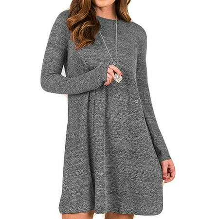 Sleeve Knit Sweater Dress - Women's Casual Loose Knitted Basic Lightweight Swing Tunic Dress Long Sleeve Sweater Dress with Pockets