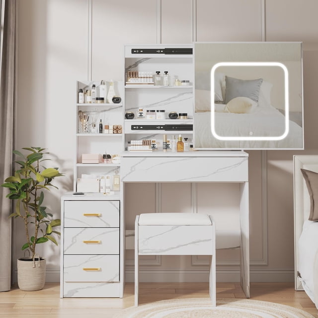 QinaQin Bedroom Dressing Table with Led Mirror, 4 Drawers, Charging Port and 3-Color Adjustable Lighting
