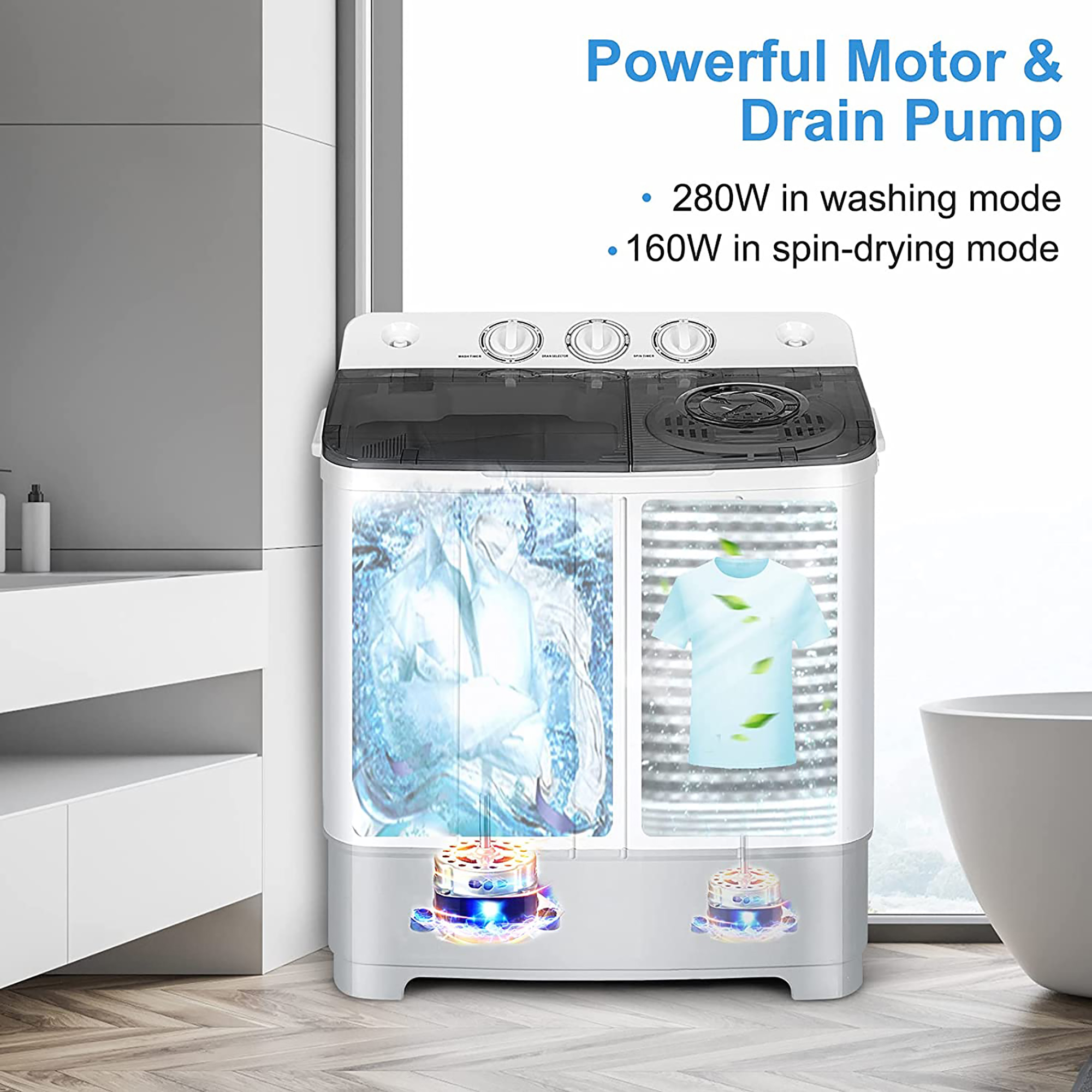 Costway Portable Twin Tub Washing Machine Washer(13.2lbs) & Spinner (8 ...