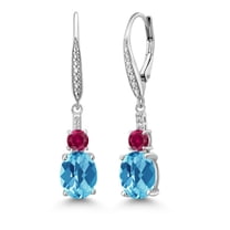 Gem Stone King 925 Sterling Silver Swiss Blue Topaz and Red Created Ruby Dangle Earrings for Women with Lab Grown Diamond (5.03 Cttw, Oval Checkerboard 9X7MM)