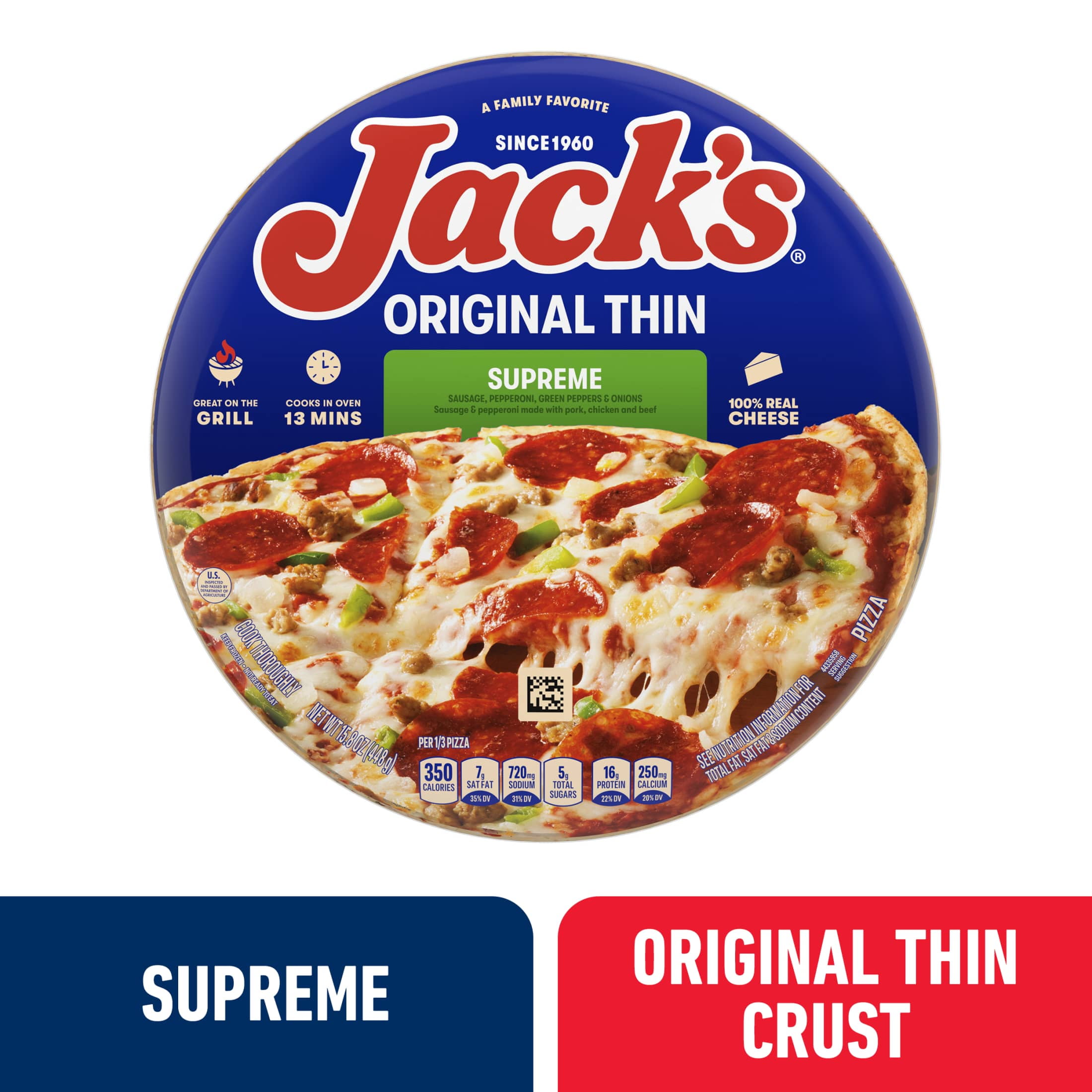 Jack's Frozen Meat Pizza, Supreme and Cheese, Original Thin Crust Pizza for Grilling, 15.8 oz (Frozen)