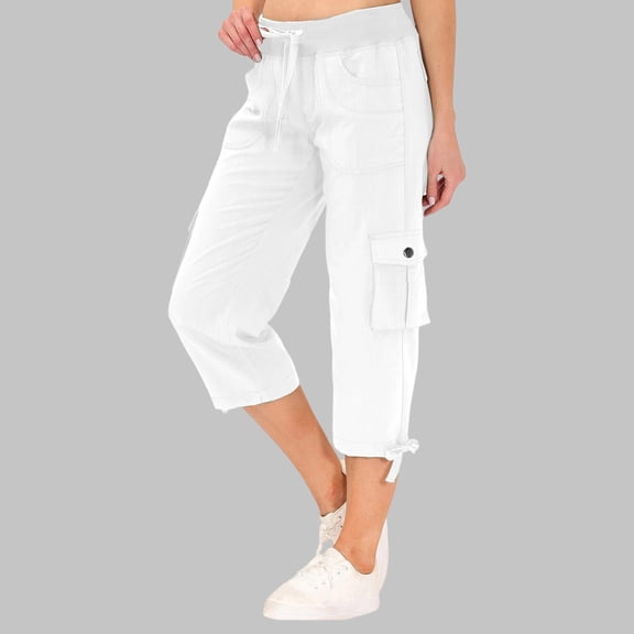 Womens Capris with Pockets Loose Fit Casual Capri Pants Dressy Lightweight Ladies Baggy Cargo Pants Casual Drawstring Baggy Petite Pants for Hiking(White,XXL)