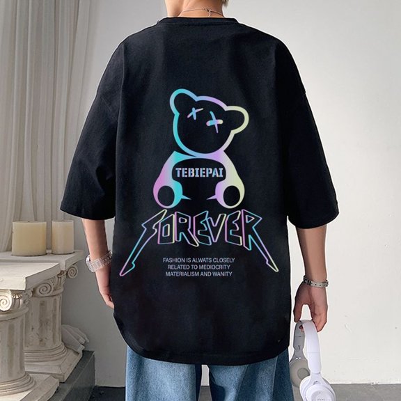 Ougyinr Men's T-shirts Tee Top Cotton Summer Crew Neck Rolle Short Sleeve Reflective Bear Print T-Shirt Plus Size