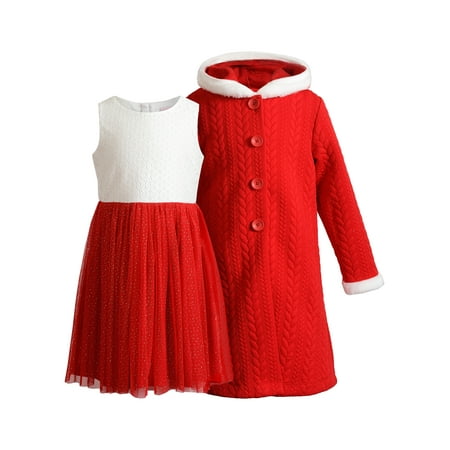 Sweetheart Rose Tulle Sparkle Holiday Christmas Dress With Quilted Faux Fur Trimmed Hooded Coat (Little Girls & Big Girls)