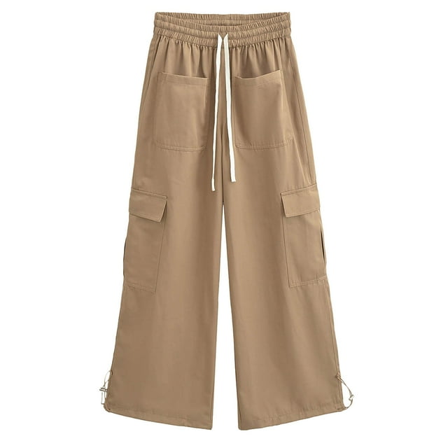Gibobby Pantalones de trabajo para hombre Mujer Cintura Alta Otoño E Invierno Cinturón Elástico Cuerda Suelta Bolsillo Grande Pantalones De Pierna Ancha Pierna Recta (Caqui,M)
