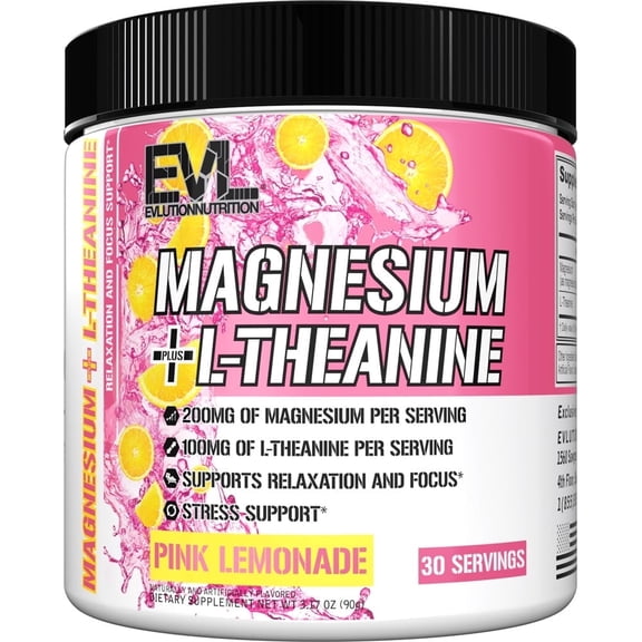 Evlution Nutrition Magnesium L-Theanine - Natural Relaxation & Focus Support - 200mg Magnesium 100mg L-Theanine - Vegan & Non-GMO - Powder Dietary Supplement - 30 Servings - Pink Lemonade