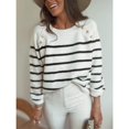 thumbnail image 3 of Top de punto para mujer, cuello redondo, suave, suelto, manga larga, estilo a rayas, diseño de botones, suéter para mujer para viajes de oficina a casa, blanco S, 3 of 6