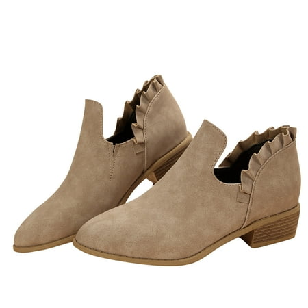 KIJBLAE Women s Ankle Boots Low Heel Pointed Toe Slip On Ruffle Faux Leather Booties Comfortable Chunky Heel Shoes Khaki 38