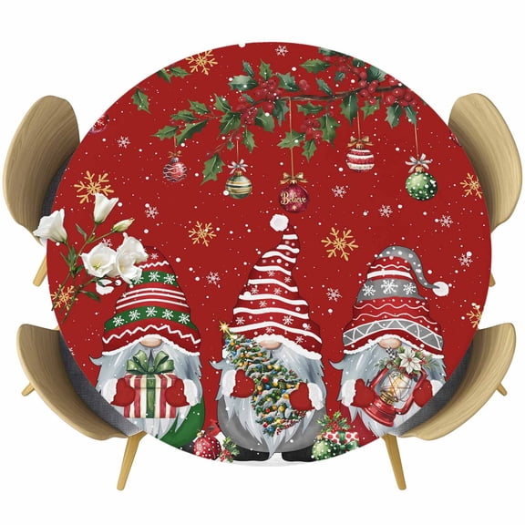 Red Gnomes Christmas Round Tablecloth, Fitted Table Cover with Elastic for 55"-60" Round Tables, Xmas Ball Gifts Snowflake Table Cloth Outdoor Indoor Dinning Party Waterproof Tablecloths