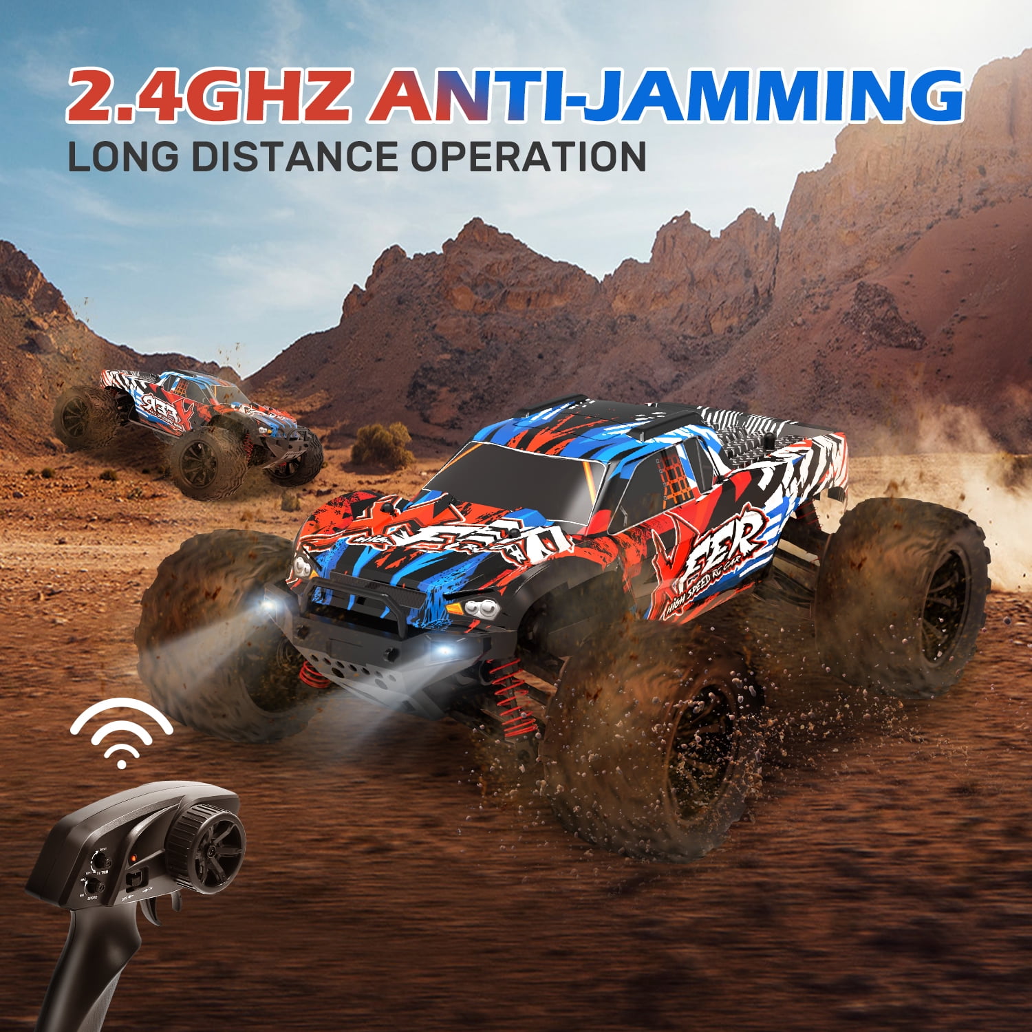 JoyStone RC Cars High Speed Remote Control Truck, 1:16 Scale 30+MPH RC Vehicle with LED Lights, 4WD All Terrain Offroad Truck with 2 Batteries, Gifts for Kids Adults