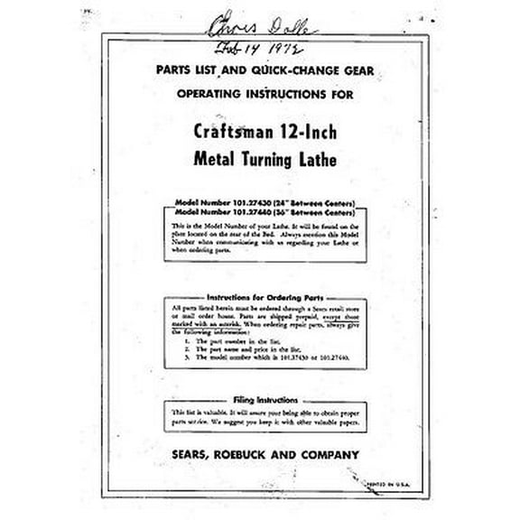 1972 Craftsman 101.27430 & 101.27440 /Atlas 12" Lathe-Parts Lists and Manual REPRINT