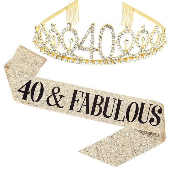 TY"40 and Fabulous" Sash & Rhinestone Tiara Set - 40th Birthday Sash 40 Birthday Gifts Party Favors,gold