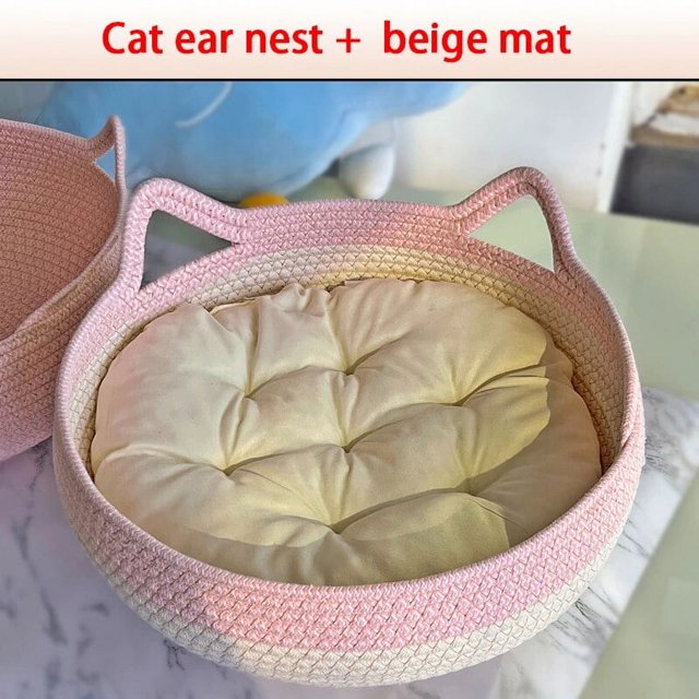 Four Seasons Cat Bed Woven Removable Upholstery Sleeping House Cat Scratch Floor Rattan Washable Cats Pet Products Accessories ShopWise Round