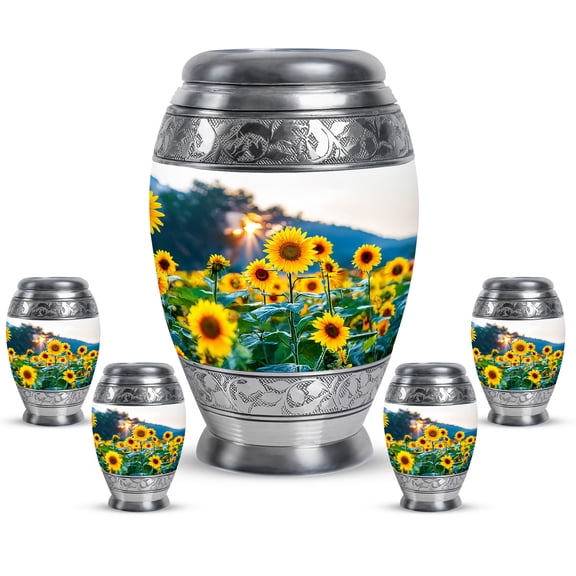 JAGASY Sunflower Combo Urns for Mom & Dad, White Small Urn for Human Ashes for Women Keepsake, Sunset Sunflower Decorative Urns for Boy, Large Memorial Urn for Girl, (1 Large, 10"; 4 Small, 3")
