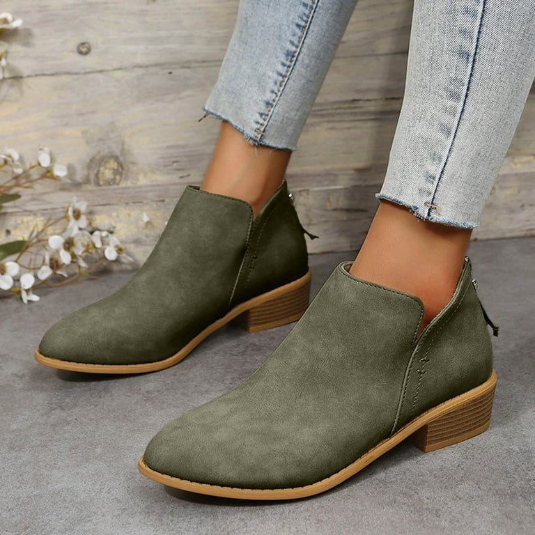 Modisza Ankle Boots for Women Casual Cut Out Slip on Western Booties Low  Stacked Heel Dress Work Shoes Green 9.5 - Walmart.com