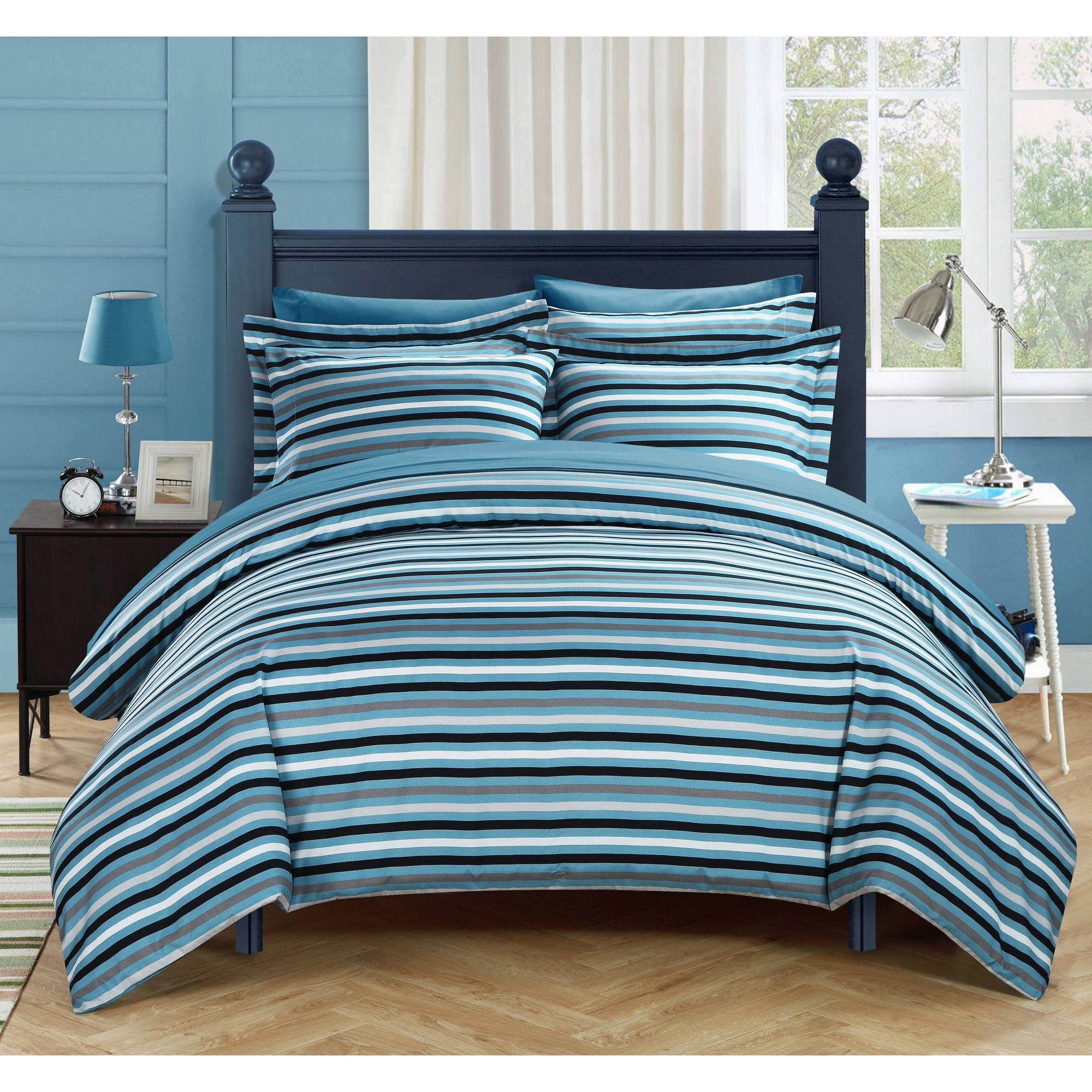 Double, Blue Lifestyle Production Chester Stripe Duvet Quilt Covers With Pillowcase Reversible Bedding Sets 